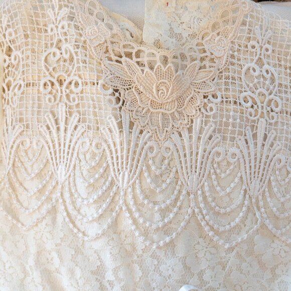 Vintage Ivory Lace Top Sheer Long Sleeve Victorian Style Blouse Boho Chic - Picture 4 of 7